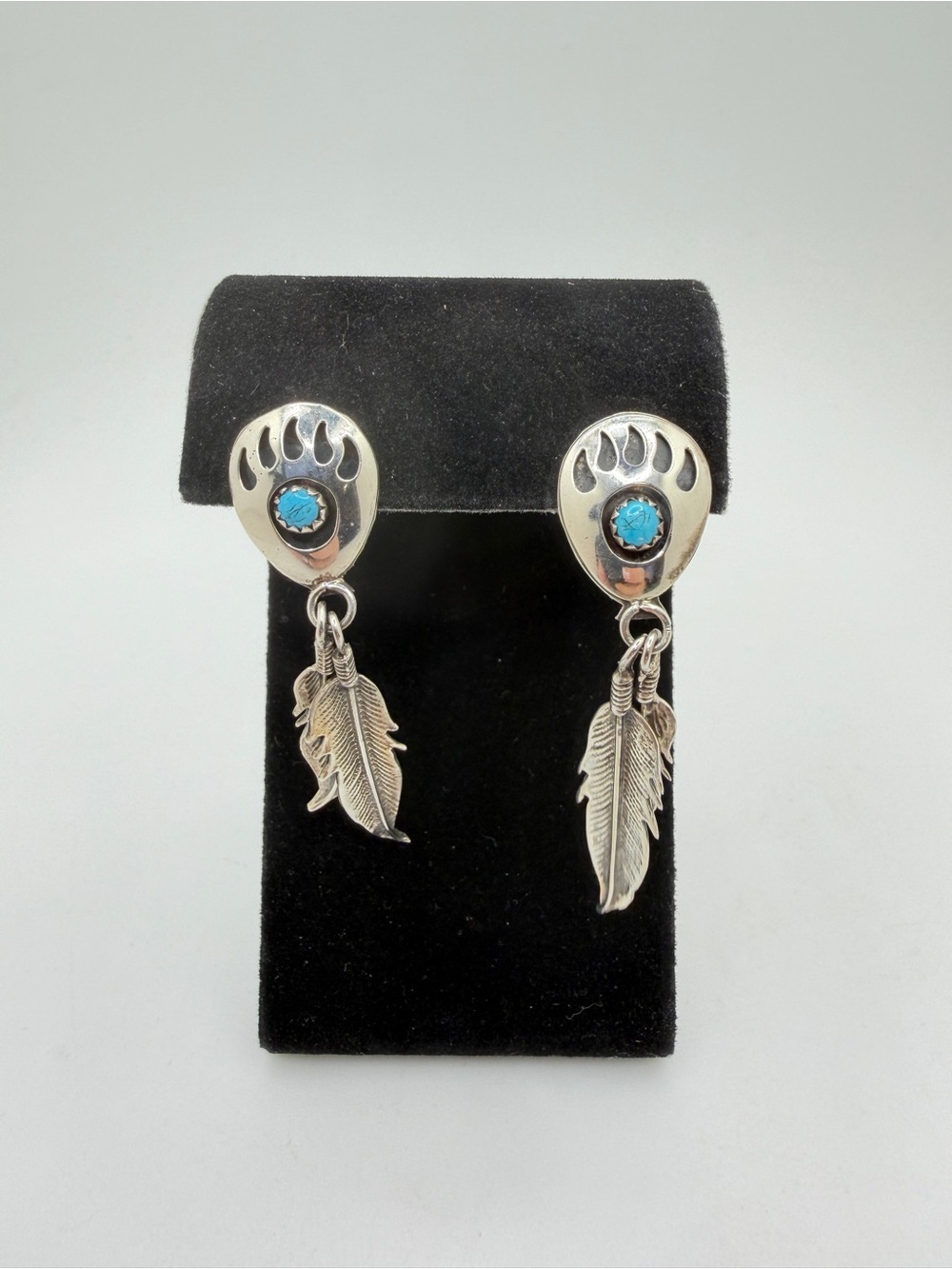 ~2.25" Possible Navajo Stamped D Sterling Silver Bear paw/feathers earrings!